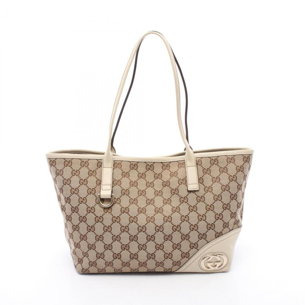 Gucci New Brit Tote Bag Handbag, Canvas and Leather, Women's, Beige, Brown, I...